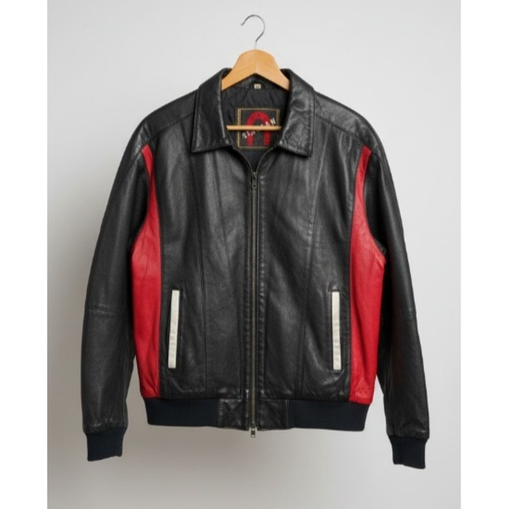 Vintage Italian Black Red Leather Bomber Jacket Racing Moto Style Full Zip Large